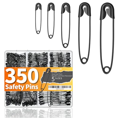 350 Pack Black Safety Pins for Clothes 5 Assorted Sizes of Strong Heavy Duty Safety Pin Bulk for Clothing (Black)