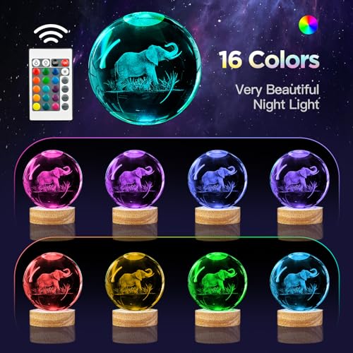 Image of 3D Elephant Crystal Ball Night Light with Woodern Base, 3.15 inch Elephant Figurines Glass Lamp with 16 Colors Cool Desk Decor Elephant Gifts for Women Kids Friends Adults