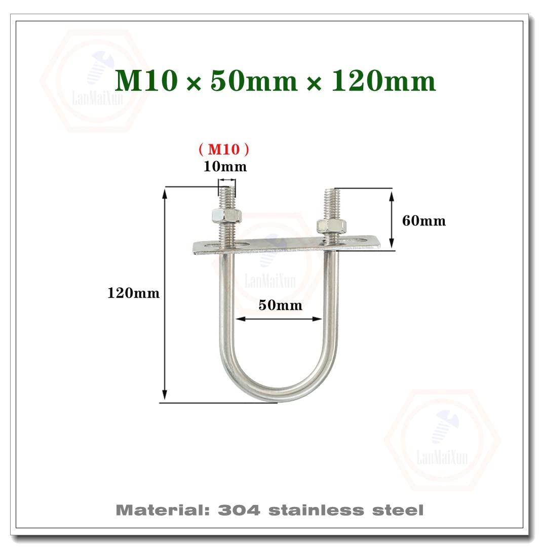 Juego de 2 pernos en forma de U M10 × 50 mm × 120 mm Pernos en U redondos de acero inoxidable 304 con tuercas y placas
