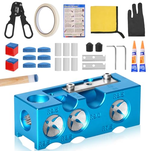 YAKUHY 11-in-1 Aluminum Alloy Pool cue Tips Replacement kit,Pool cue tip Shaper,Professional Cue Stick Tool Kit,Pool cue Shaper Accessories for Replacement and Shaping Cue Tips (Blue)