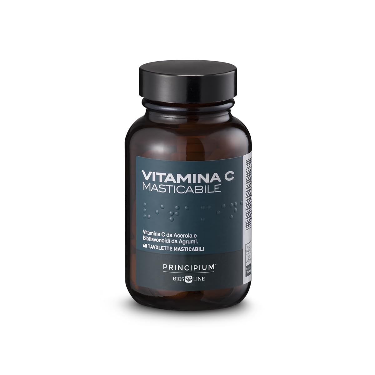 BIOS LINE Principium Vitamina C Masticabile, Integratore Alimentare Naturale di Vitamina C, Gusto Amarena, 60 Tavolette Masticabili