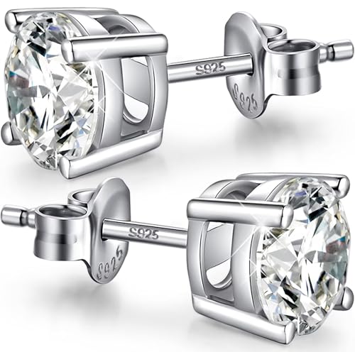 Jiamiaoi 18K White Gold Plated Simulated Diamond Earrings for Men Women Hypoallergenic 925 Sterling Silver Cubic Zirconia CZ Stud Earrings4mm-8mm
