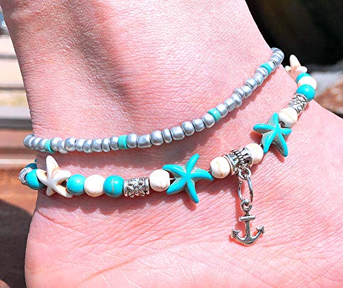 Image of Softones Blue Starfish Turtle Anklet Multilayer Charm Beads Sea Handmade Boho Anklet Foot Jewelry for Women