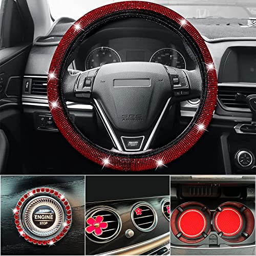 8 Pcs Leather Steering Wheel Cover For Women Cute Car Accessories Set With Covers Cup Holders Bling Start Button Ring Sticker Air Vent Clip Car Accessories #TOP1