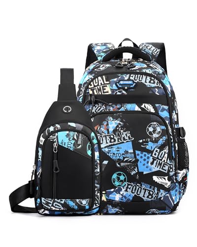 Tanou Mochila Escolar Adolescente Niño, Mochilas Escolares Grandes para Chico de 10 a 18 años, Mochila Instituto de Nylon Impermeable de 2 Piezas con Bolso de Pecho, Fútbol Azul