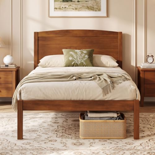 Image of GIANTEX Twin Size Wooden Bed Frame with Curved Headboard, Wood Slat Support