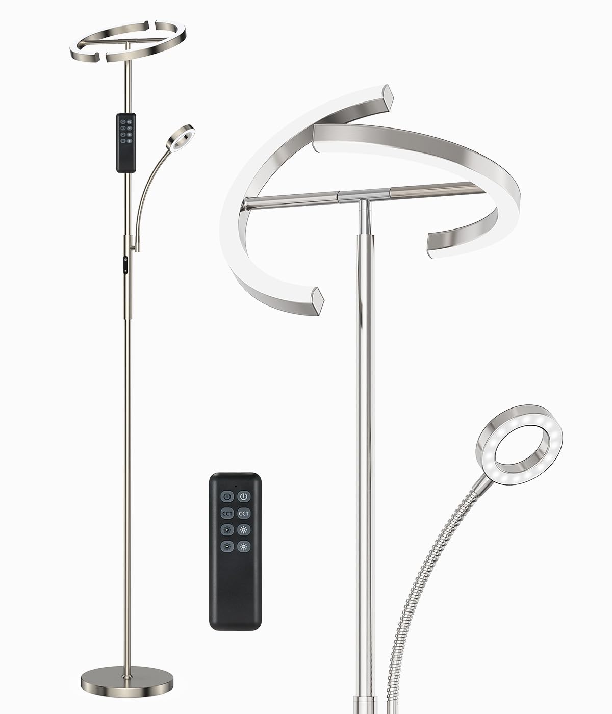 ANTENLICHT Stehlampe Dimmbar LED | Silber-Stehleuchte 20W mit flexibler 7W Leselampe | Modern deckenfluter mit fernbedienung mit 4 Farbtemperatur für Wohnzimmer, Schlafzimmer, Büro, Hotel
