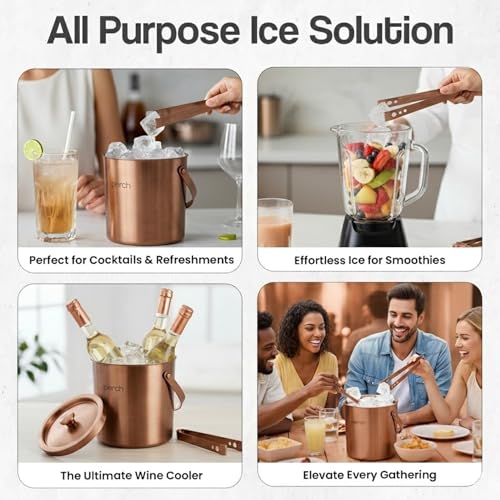 Image of O' Holic by Perch Stainless Steel Double Wall Ice Bucket & Tong - 1500ml | Insulated with Lid & Handle| Bartender Kit |Premium Barware Accessories for Home Bar, Parties, Cocktails & Gifting |Rose Gold