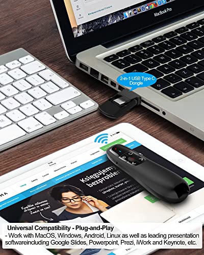 Wireless Presenter Remote Presentation Clicker: USB Type C PowerPoint Clicker with Red Pointer Long Range PPT Control - Universal Power Point Slide Advancer for Mac MacBook Laptop PC Computer Keynote
