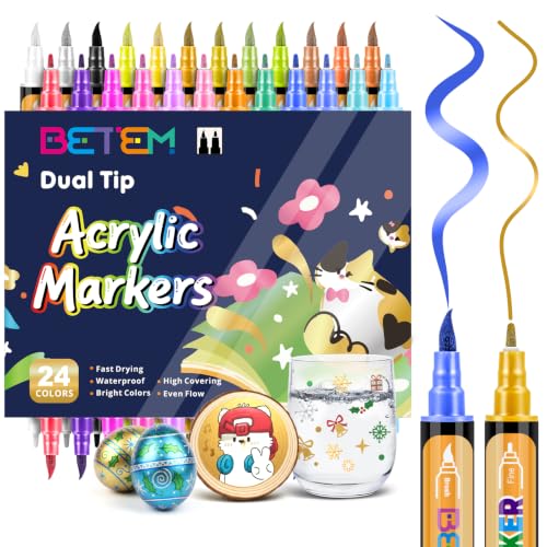 Image of Betem 24 Metallic Paint Markers for Glass, Dual Tip Acrylic Paint Pens