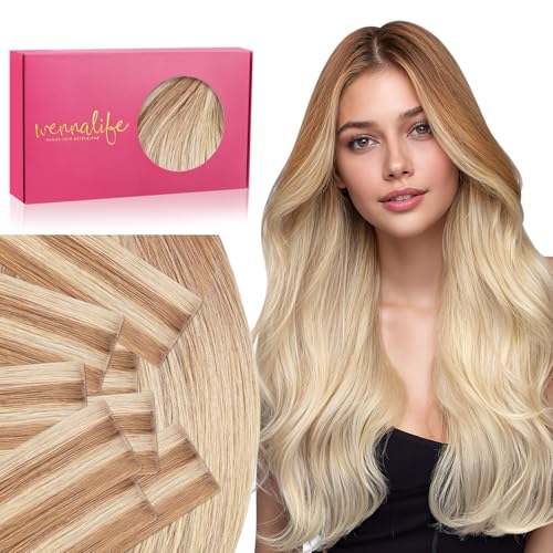 Image of WENNALIFE Invisi Edge Tape in Hair Extensions Human Hair,#12A /18H,22 Inch | 22 Inch 50g 20pcs Ash Beige Blonde Blend Invisi Remy Hair tensions Natural Seamless Injected Tape Ins Straight tensiones