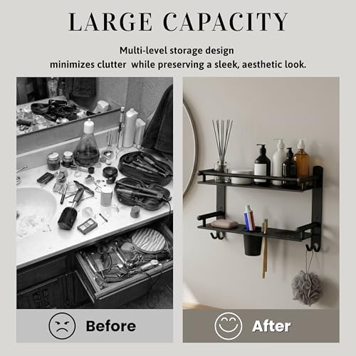 Image of GLOXY Premium Black Matt Finish Bathroom Shelf Rack - Wall Mount 4in1 Multipurpose Double Soap Stand for Bathroom with Toothpaste Holder - Bathroom Fittings Accessories Set with Multipurpose Hooks