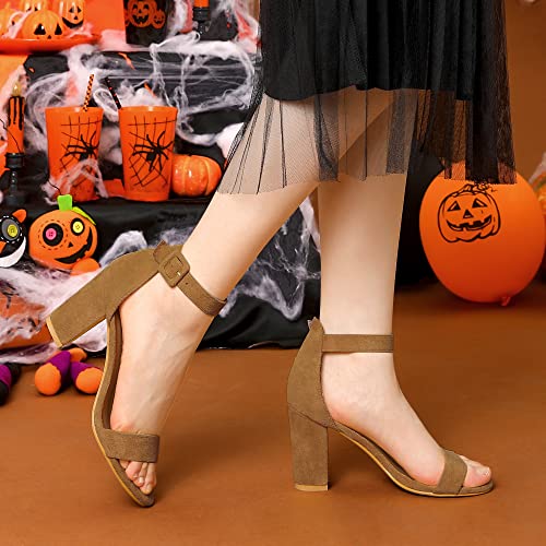 Image of Allegra K Women's Open Toe Chunky High Heel Buckle Ankle Strap Sandals | 3 3 /8 inches Heels with Faux Suede, Comfortable Block Heels Sandal for Women, Summer Dressy Shoes