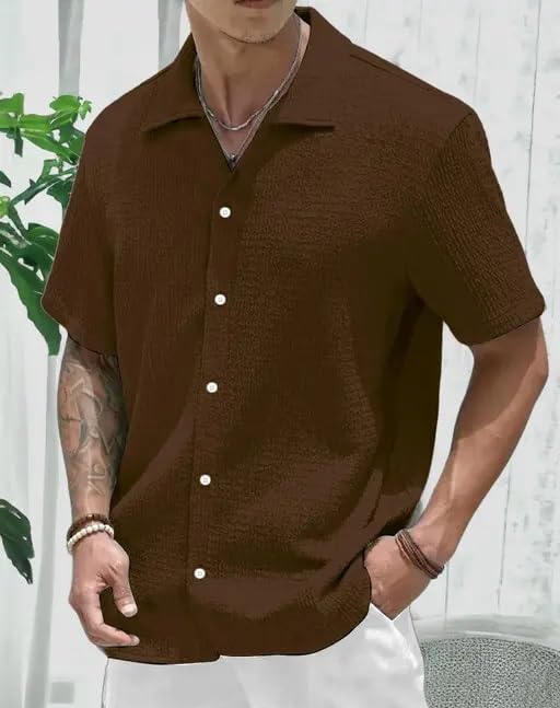 Image of COMBRAIDED Men's Slim Fit Half Sleeve Polycotton Casual Shirt - Solid Pattern, Hip Length