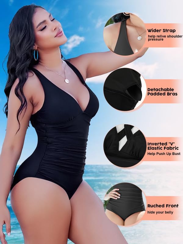 SHAPERIN Women's One Piece Swimsuits Tummy Control High Waisted Bathing Suits Padded Push Up Shapewear Swimwear Monokini - Image 4