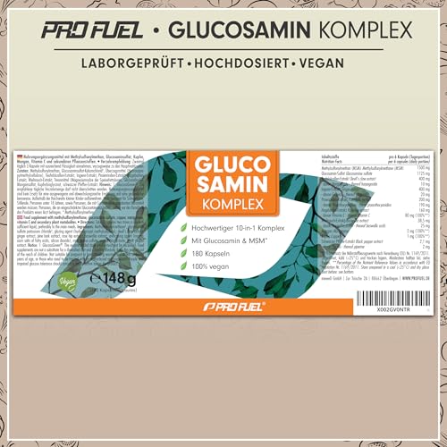 Glucosamin Komplex 180 Kapseln - innovative 10-in-1 Formel mit Glucosamin, MSM (Methylsulfonylmethan), Teufelskralle, Ingwer, Pinienrinde, Mangan & Vitamin C - laborgeprüft mit Zertifikat - 100% vegan