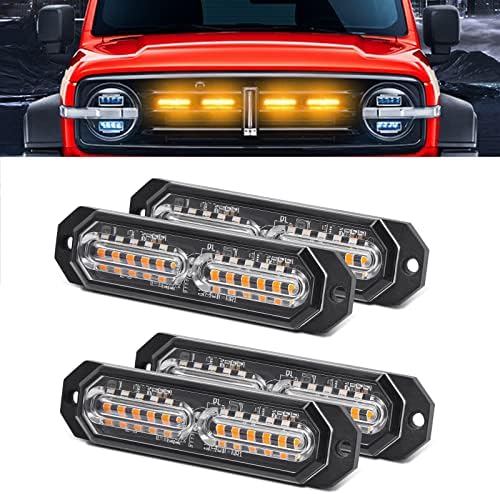 Amber Led Grille Lights for Trucks, Upgraded Waterproof, 12 Led Emergency Surface Mount Grill Strobe Light, 4PC Pack Mini Warning Flashing Bar for Dodge Ram Ford F150 F250 F350 Toyota Tacoma Truck (CB-02-Y)