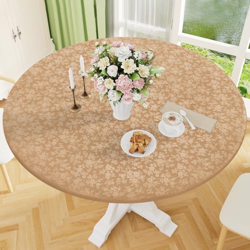 Image of Smiry Waterproof Heavy Duty Vinyl Fitted Tablecloth for 45 inch-56 inch Round Table | Elastic Plastic Table Cloth, Wipeable Washable Floral Patio Table Cover for Picnic, Kitchen and Dining, Brown
