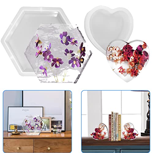 2 Set Large Resin Moulds, AIFUDA Epoxy Resin Moulds Silicone Heart Hexagon Resin Moulds Deep Silicone Moulds for Resin Preserved Flower Wedding Specimens