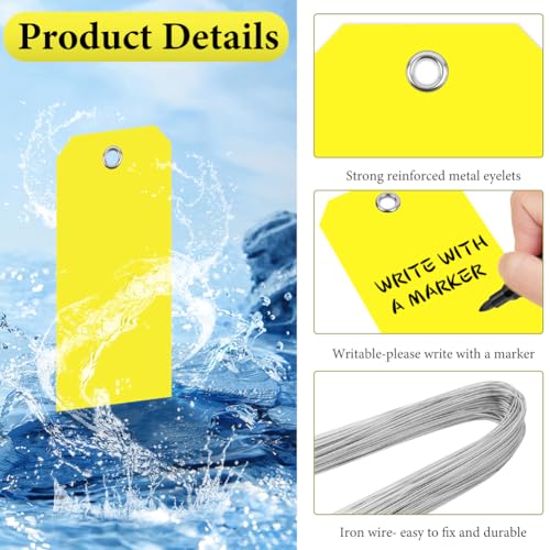 Flintronic 100 Stück Wasserdichte Versandetiketten aus Kunststoff, Beschreibbare Hängeetiketten, Wiederverwendbar Versandanhänger, zum Beschriften und Identifizieren, für Schlüssel,Gepäck(Gelb)