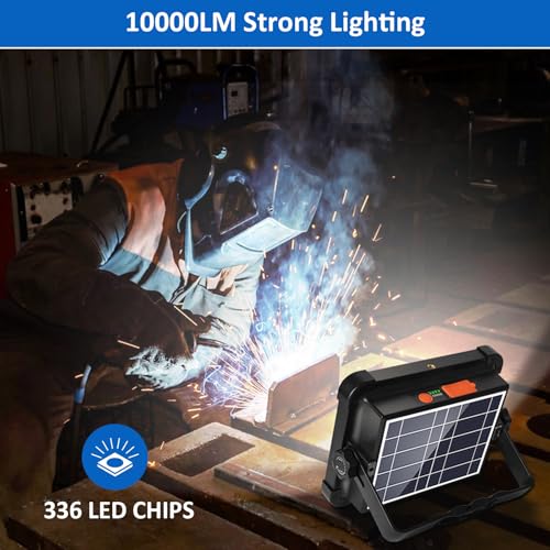 MASMEJOR 100W LED Baustrahler Akku mit Solar 10000LM Tragbare Arbeitsleuchte, 12000mAh LED Strahler Akku, 4 Lichtmodi, Campinglampe Tragbar Ideal für Camping, Arbeit, Angeln, Garage