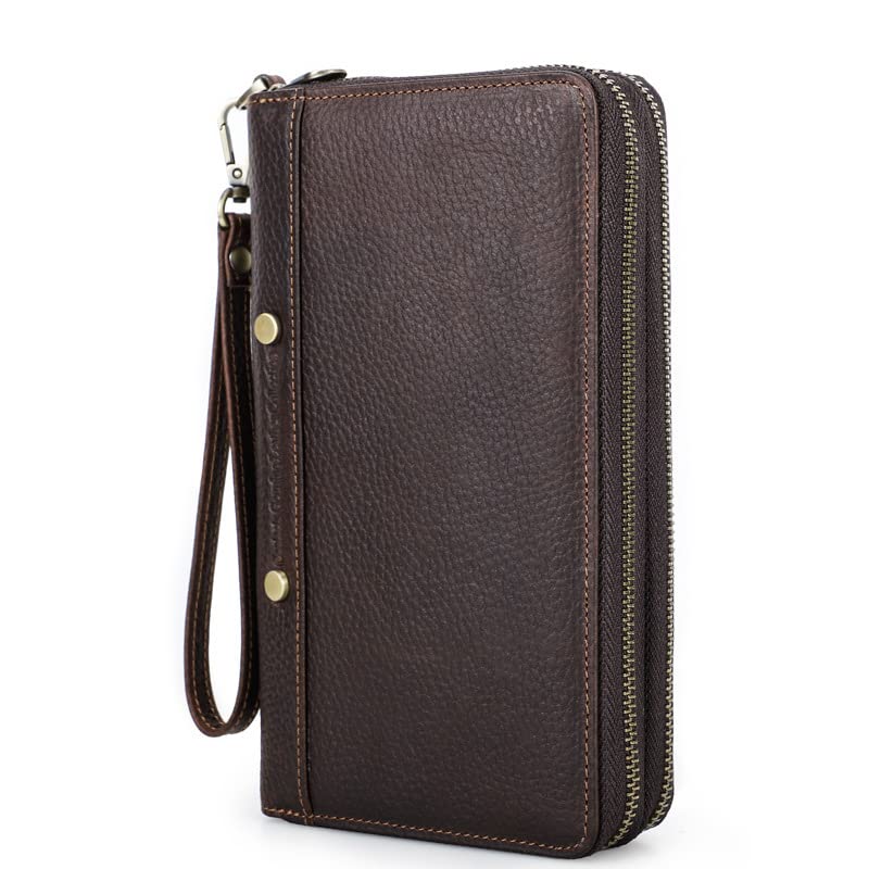 Cartera de piel auténtica vintage con bloqueo RFID y múltiples bolsillos para viaje