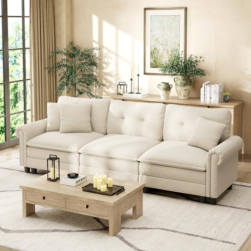 Image of HERA'S HOUSE 103.1 inch Modular Sectional Couch for Living Room Deep Seats | Mid-Century Modern 3-Seater Cloud Sofa, Beige, Rolled Arms & Nailhead Trim, Wider Deeper Seats, Soft Chenille