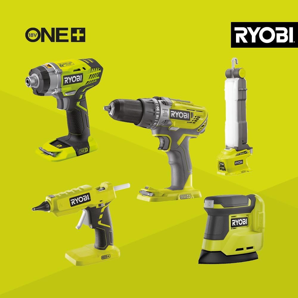 Ryobi - Zestaw 9 narzędzi 18V ONE+: Wiertarka, wkrętarka udarowa, szlifierka, wielofunkcyjne narzędzie, pistolet do klejenia, piła tarczowa, wyrzynarka, lampa, szlifierka + 2 baterie i ładowarka -