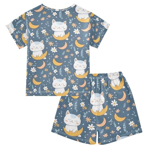 ALAZA Lovely Cat Moon Flower Pajamas Set Short Sleeve Cotton Sleepwear Summer Pjs 2 Piece 5-14Y2