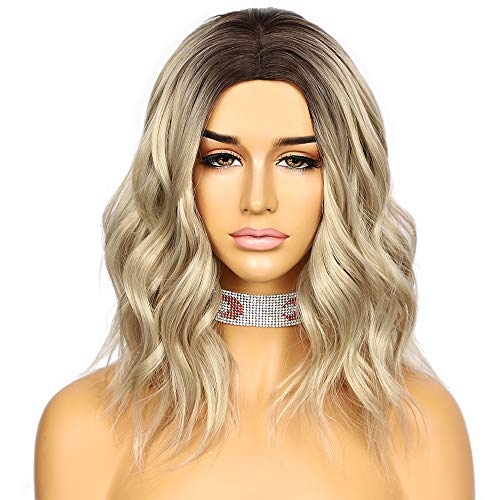 Sapphirewigs Ombre Brown Color Mix Blonde None-Lace Wigs for Women 14 Curly Wavy Short Shoulder Length Wig Synthetic Heat Resistant Fiber Wigs
