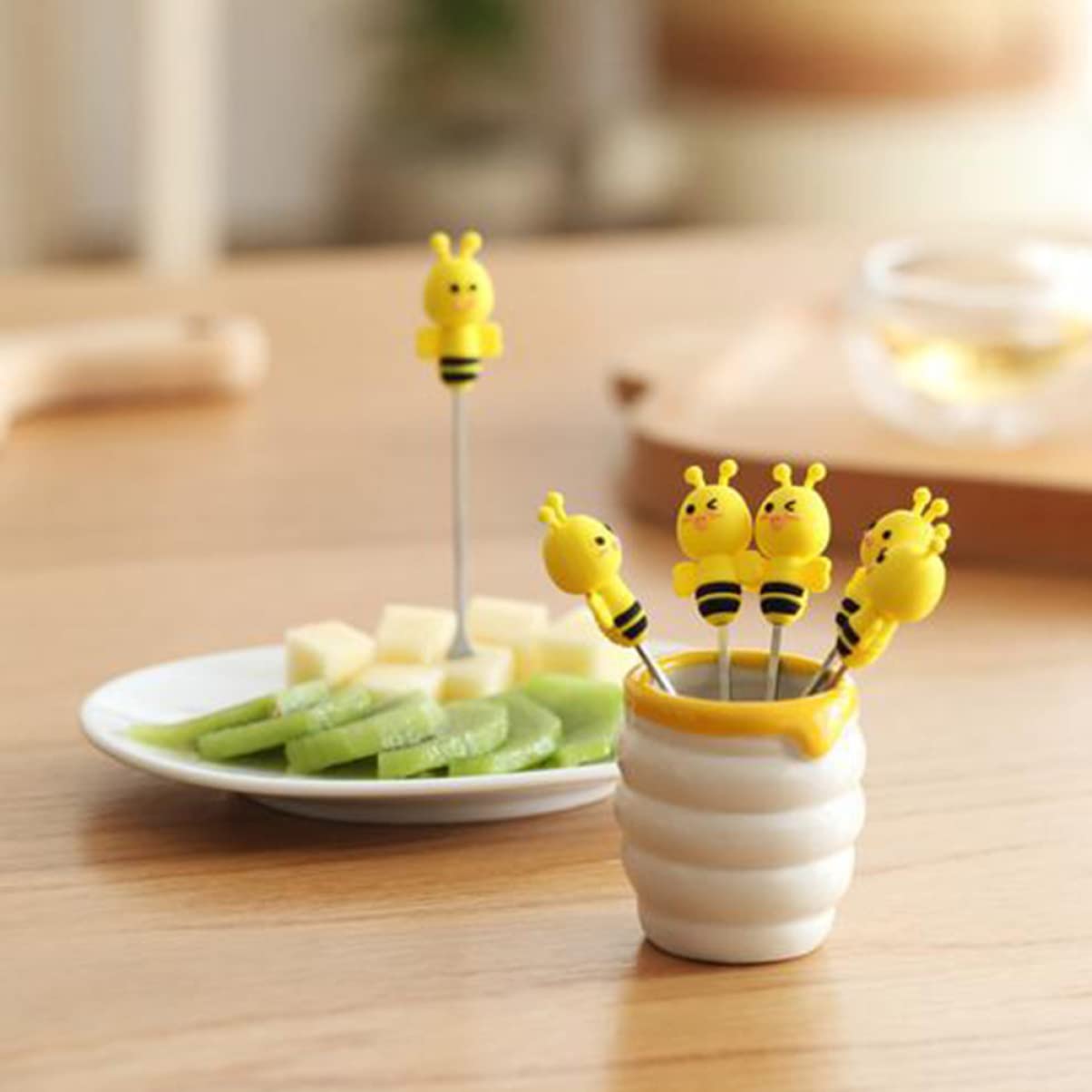 COLLBATH Stainless Steel Fruit Forks Bee Decorations Set 7pc Mini Forks Ceramic Base for Party Daily Use