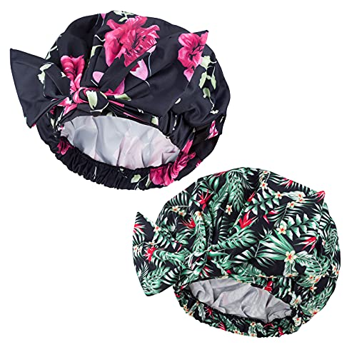 2 Pack Luxury Shower Cap for Women Long Hair Reusable, Waterproof Large Shower Bath Caps Adjustable, Washable, Breathable