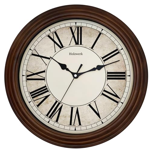 Holzwerk - Orologio da parete in legno naturale, stile vintage, con numeri romani, movimento silenzioso, senza ticchettio, marrone, quasi silenzioso, in legno massello naturale, 14 pollici, 35 cm