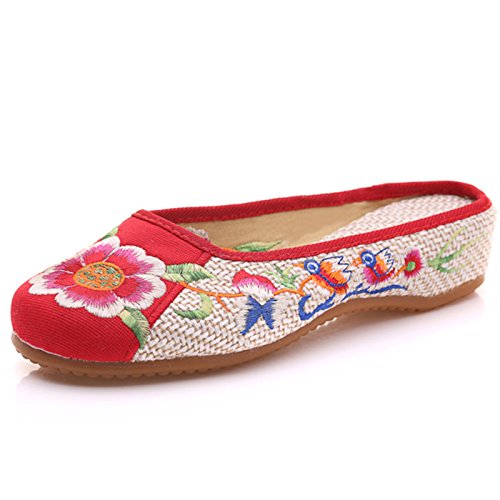 Qhome Womens Linen Embroidery Casual Boho Flat Household Canvas Slipper Loafers