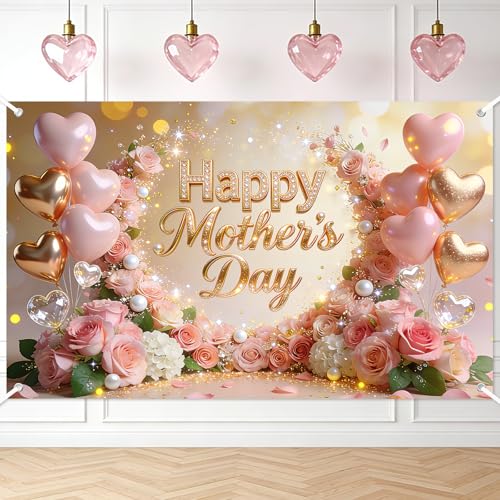 Mocsicka Happy Mother's Day Backdrop Banner Pink Floral Mother's Day Party Decorations Thank You Mom Party Background (6x3.6ft)
