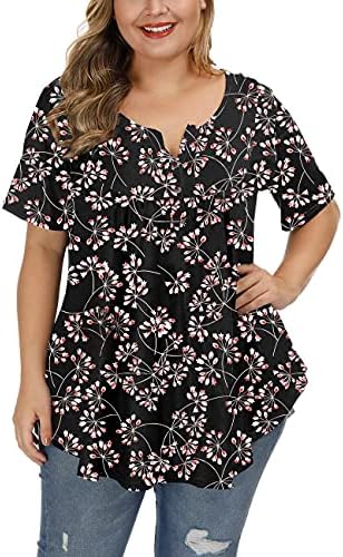 ALLEGRACE Women’s Plus Size Tunic Tops Summer Short Sleeve V Neck Blouses Ruffle Flowy Button Up T Shirts