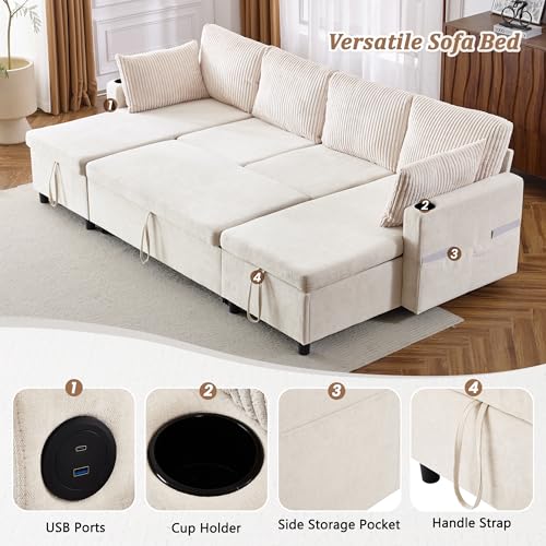 Image of ERYE 113-Inch Pull Out Sleeper Couch Bed with Cupholders, U Shaped Sleeper Sectional Sofa Convertible Sofa Bed for Living Room