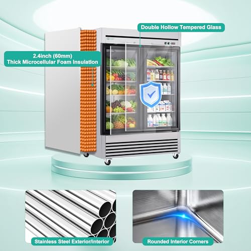 Image of COOLCHEF 54 inch Commercial Glass Door Refrigerator, 49 Cu.Ft Double-Door Reach-In Cooler, 33-40℉, Double-Layer Low-E Glass, 8 Shelves, R290