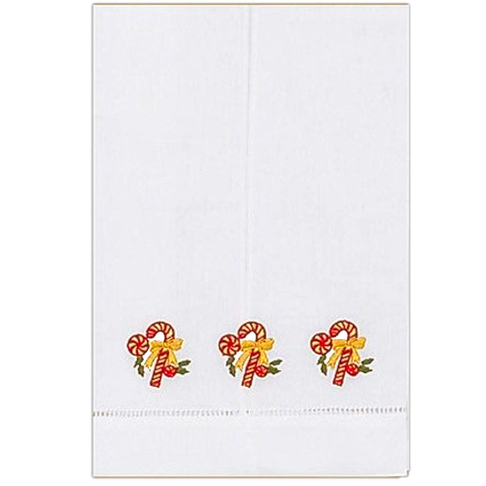 Holiday Christmas Guest Bath Tea Hand Towels White Pure Linen Candy Cane Embroidery and Hemstitch Border 14 X 22 Inch (Set of 2)