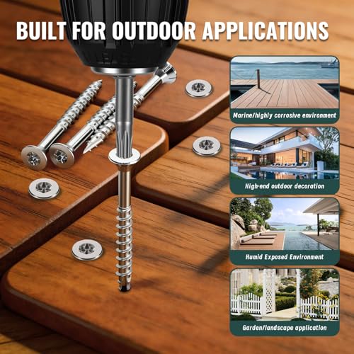 Image of #10 x 2-1 /2 inch Stainless Steel Wood Screws - 304 Stainless Steel Exterior Deck Screws (300 PCS), Corrosion & Rust Resistant, T25 Torx Flat Head for Outdoor Wood,Fence & Marine (3 Driver Bits Included)