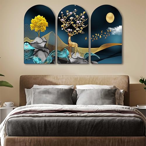 Image of Livin'luxe Golden Deer Wall Art 3 Panel Set | Moonlight Tree and Flying Birds Modern Painting on MDF | Luxury Blue & Gold Wall Decor for Living Room Bedroom Office Hallway (30 x 50 Inch) RPNL-82