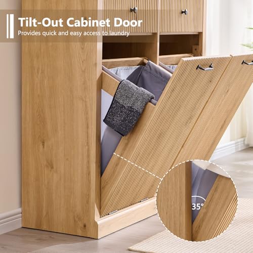 Image of IFBUY Double Tilt Out Laundry Hamper Cabinet, Modern Trash Cabinet, Natural