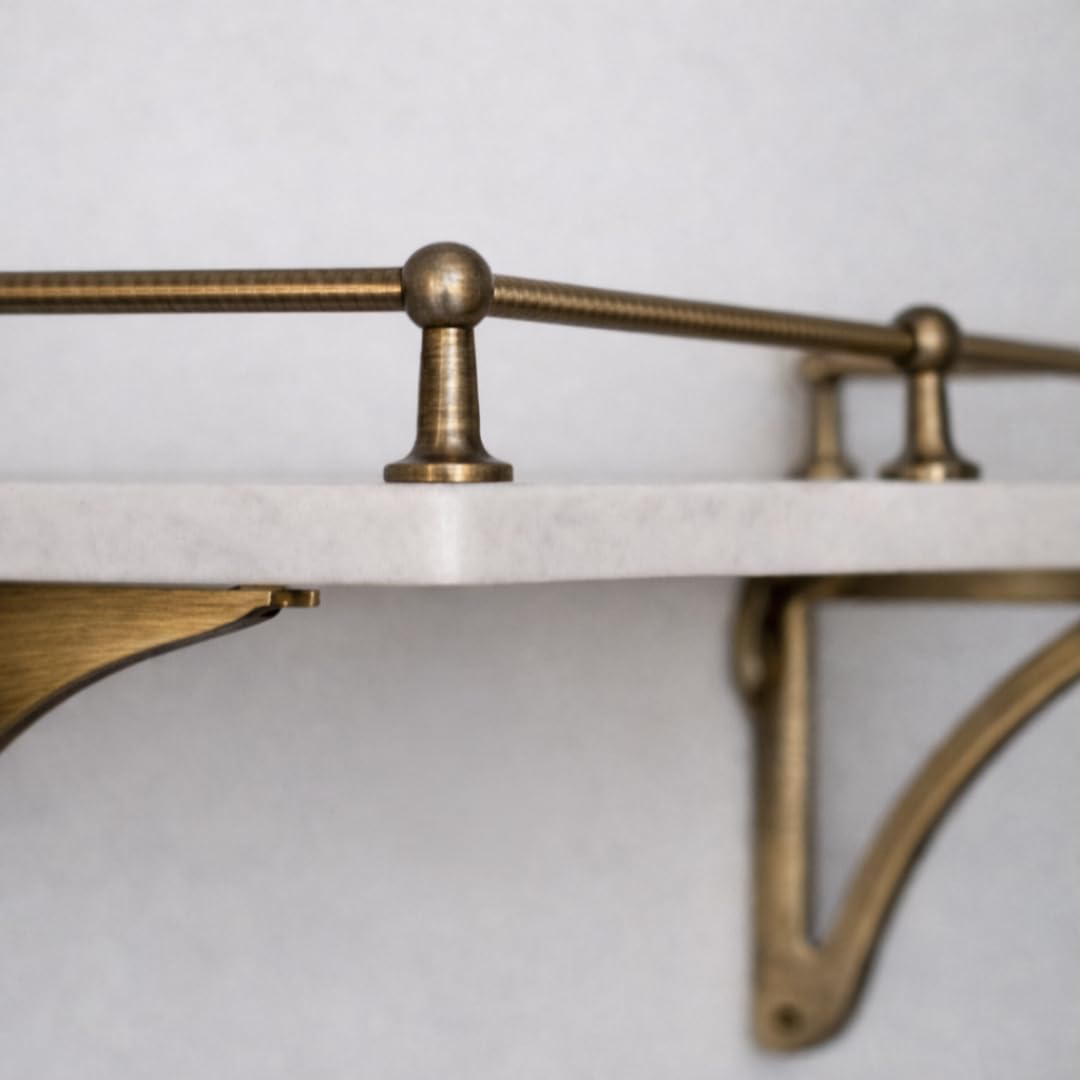 Solid Brass Gallery Shelf Rail 6mm Rod - Antique Brass, Bronze & Satin Brass - Kitchen Shelf Rail with Centre, End & Corner Brackets - 7 Antique Finishes (Roman Brass Dark, Corner Bracket)