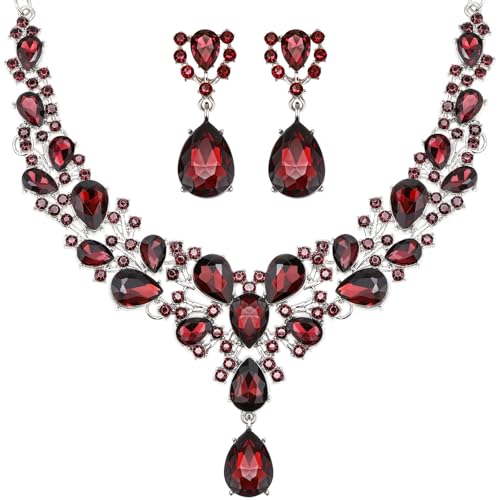 Hicarer Bridal Teardrop Cluster Crystal Jewelry Set for Women Necklace Earrings Wedding(Wine Red)