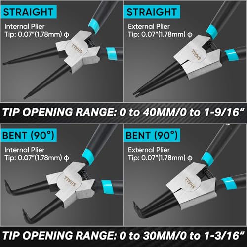 Shall 4 Pcs 7 Inch Professional Circlip Pliers, Straight/Bent Internal & External Snap Ring Pliers (90° Tips) - Image 3