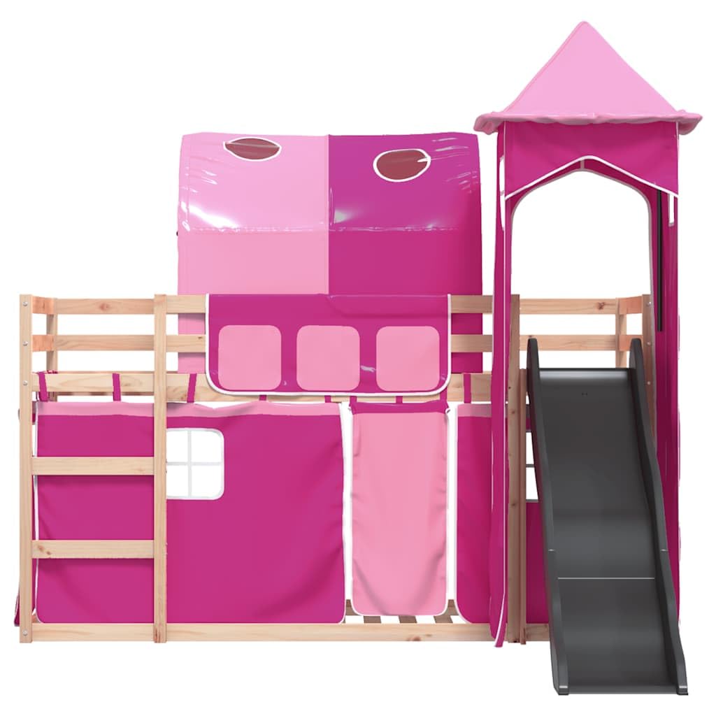 Hochbett mit Rutsche und Vorhängen Rosa 80x200 cm - Kinderbett aus Kiefer-Massivholz mit Leiter Turm Tunnel und Rausfallschutz - Spielbett für Kinderzimmer