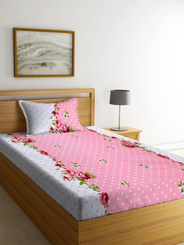 Image of la' amour Cotton Printed 160 tc Flat Single Bedsheets for Summer with Pillow Cover Breathable | Wrinklefree (Size-60 X 90 Inch) Floral, Pastel Garden White