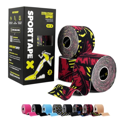 SPORTTAPE Kinesiology Tape, 5cm x 5m, 3 Rolls, Wild - Waterproof & Hypoallergenic Kinetic Physio Tape for Muscle Injury Recovery, Sports Strapping for Knee Pain, Shoulder, Joint Support & Blisters