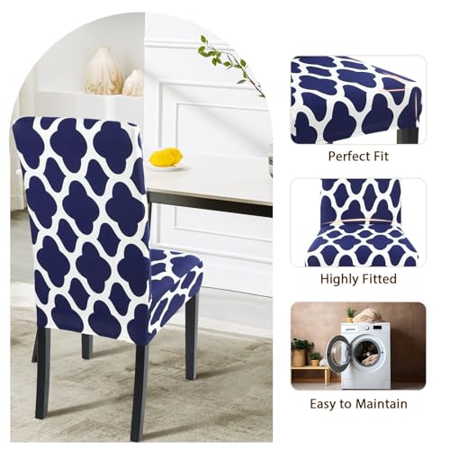Image of SearchI Dining Room Chair Covers Set of 4, Spandex Stretch Kitchen Chair Slipcovers Removable Washable Moroccan Geometric Parsons Chair Covers Protector for Dining Room, Hotel (Navy Blue)