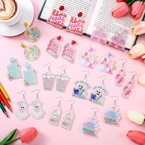 Nosiny 12 Pairs Glitter Acrylic Book Earrings for Book Lover Women Funny Reading Ghost Coffee Silly Goose Drop Dangle Earring Bookish Jewelry Accessories Supply for Bookworm Reading Lover Teacher Gift4